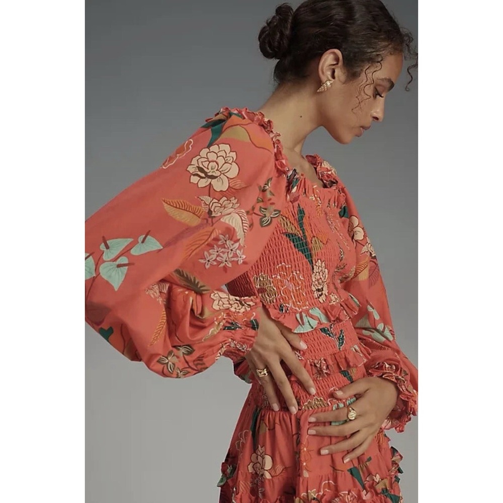 Farm Rio Smocked Ruffle Mini Dress M Coral Tropical Floral Puff Sleeve - Picture 7 of 14